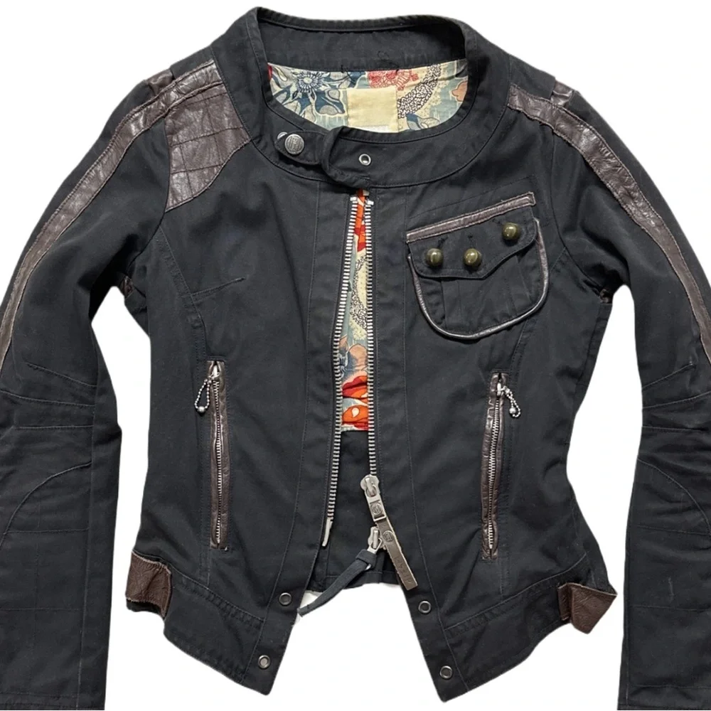 Y2K DIESEL rare black slim fitted nightriders leather trim jacket, S. - Picture 2 of 8